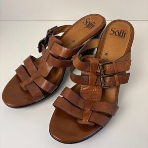 Sofft Brown Leather Strappy Buckle Block Heel Sandals